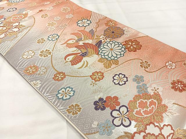 平和屋着物◎六通柄袋帯 唐織 鴛鴦花文 金糸 正絹 逸品 AABI0371uk
