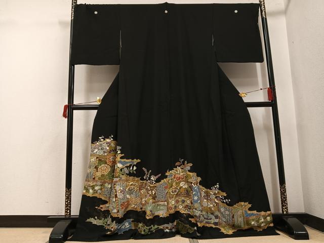 平和屋着物●創業460年・千總 黒留袖 駒刺繍 草花文 金彩 ロング丈 正絹 逸品 AABI0449ph