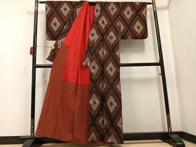 平和屋着物●本場大島紬 割込み絣 菱文 正絹 逸品 AABI0450ph