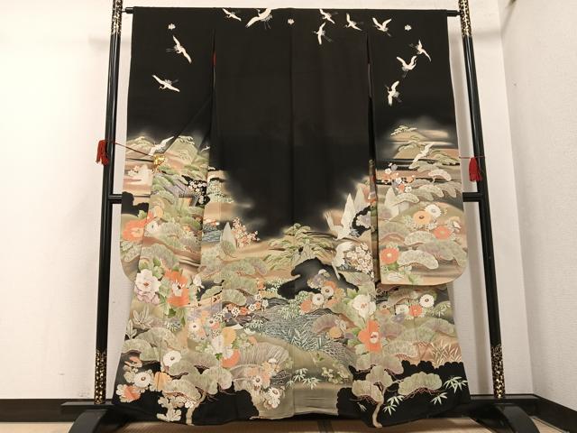 平和屋本店●アンティーク 大正ロマン 振袖 刺繍 群れ鶴御所車草花文 黒地 金糸 正絹 逸品 AABI0459ph
