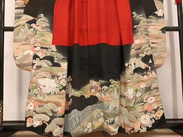 平和屋本店●アンティーク 大正ロマン 振袖 刺繍 群れ鶴御所車草花文 黒地 金糸 正絹 逸品 AABI0459ph