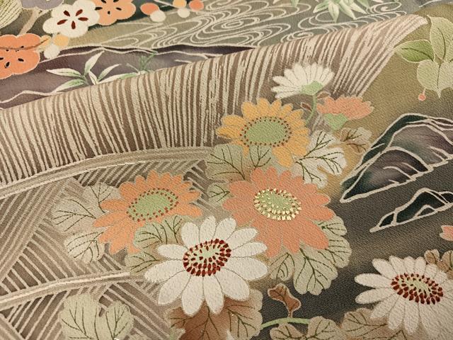 平和屋本店●アンティーク 大正ロマン 振袖 刺繍 群れ鶴御所車草花文 黒地 金糸 正絹 逸品 AABI0459ph