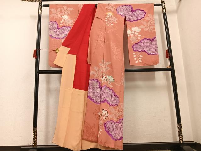平和屋本店●アンティーク 大正ロマン 小振袖 二尺袖 絞り 刺繍 草花文 正絹 逸品 AABI0460ph