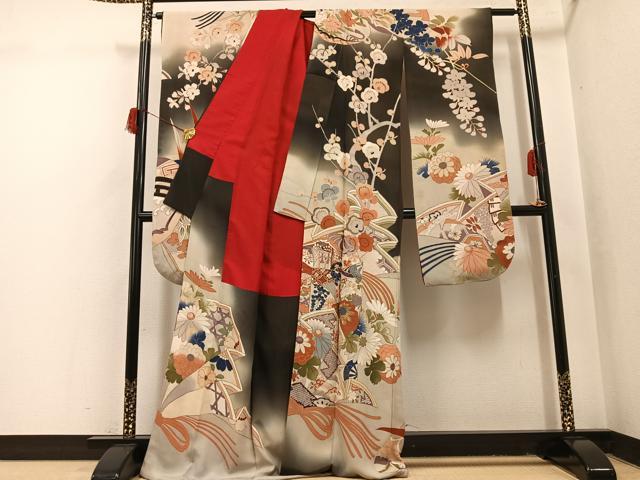 平和屋本店●アンティーク 大正ロマン 振袖 駒刺繍 草花文 黒地 正絹 逸品 AABI0461ph