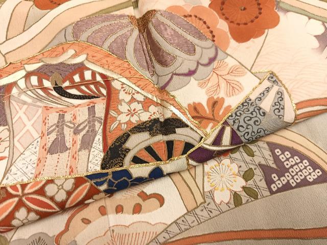 平和屋本店●アンティーク 大正ロマン 振袖 駒刺繍 草花文 黒地 正絹 逸品 AABI0461ph
