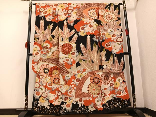 平和屋本店●アンティーク 大正ロマン 振袖 駒刺繍 地紙草花文 黒地 金銀彩 正絹 逸品 AABI0462ph