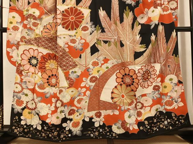 平和屋本店●アンティーク 大正ロマン 振袖 駒刺繍 地紙草花文 黒地 金銀彩 正絹 逸品 AABI0462ph