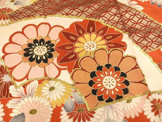 平和屋本店●アンティーク 大正ロマン 振袖 駒刺繍 地紙草花文 黒地 金銀彩 正絹 逸品 AABI0462ph