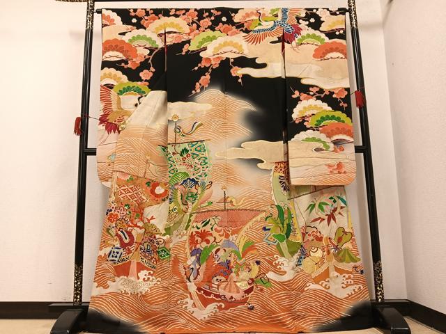 平和屋本店●アンティーク 大正ロマン 振袖 宝船 黒地 金彩 正絹 逸品 AABI0463ph