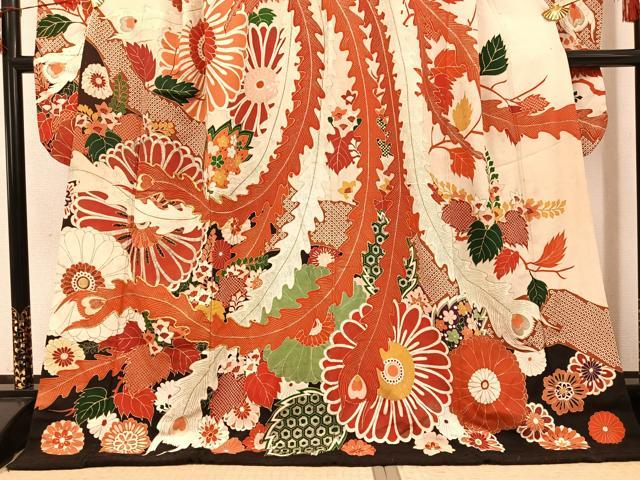 平和屋本店●アンティーク 大正ロマン 振袖 駒刺繍 草花文 金彩 ロング丈 正絹 逸品 AABI0464ph