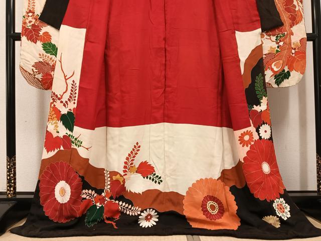 平和屋本店●アンティーク 大正ロマン 振袖 駒刺繍 草花文 金彩 ロング丈 正絹 逸品 AABI0464ph