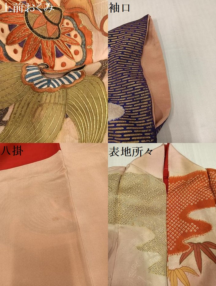 平和屋本店●アンティーク 大正ロマン 小振袖 二尺袖 駒刺繍 松竹梅宝尽くし 金銀彩 正絹 逸品 AABI0466ph