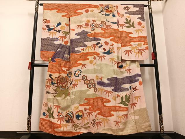 平和屋本店●アンティーク 大正ロマン 小振袖 二尺袖 駒刺繍 松竹梅宝尽くし 金銀彩 正絹 逸品 AABI0466ph