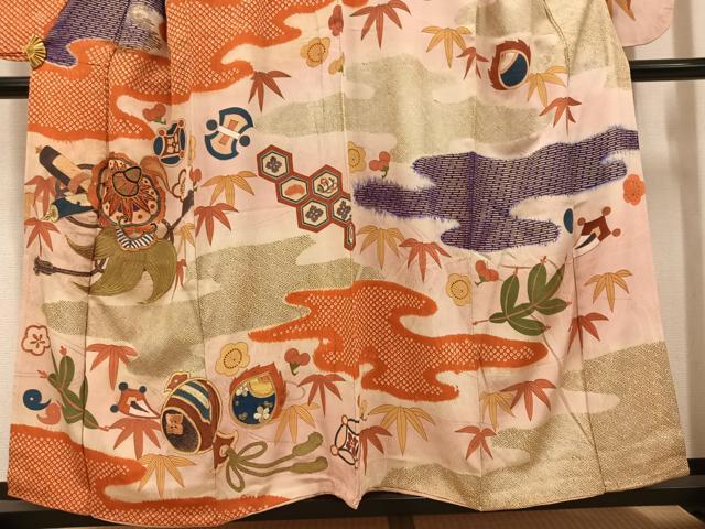 平和屋本店●アンティーク 大正ロマン 小振袖 二尺袖 駒刺繍 松竹梅宝尽くし 金銀彩 正絹 逸品 AABI0466ph