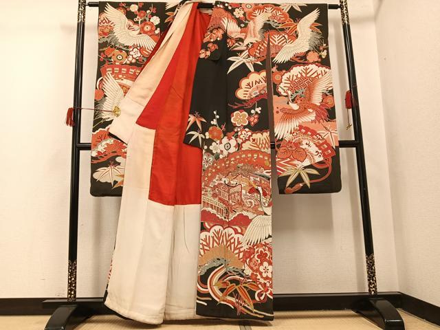 平和屋本店●アンティーク 大正ロマン 振袖 駒刺繍 松竹梅群れ鶴御所車文 黒地 金彩 正絹 逸品 AABI0467ph