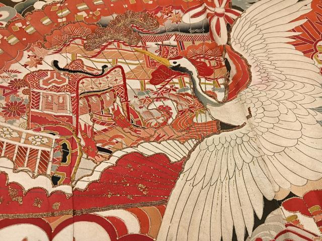 平和屋本店●アンティーク 大正ロマン 振袖 駒刺繍 松竹梅群れ鶴御所車文 黒地 金彩 正絹 逸品 AABI0467ph