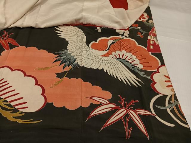 平和屋本店●アンティーク 大正ロマン 振袖 駒刺繍 松竹梅群れ鶴御所車文 黒地 金彩 正絹 逸品 AABI0467ph