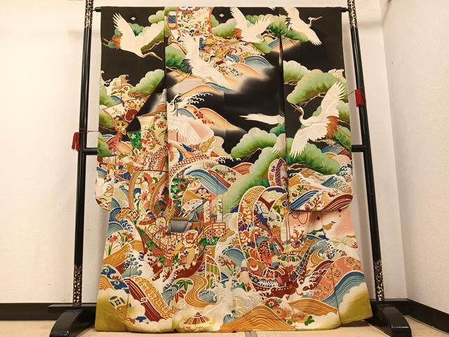 平和屋本店●アンティーク 大正ロマン 振袖 駒刺繍 立波風景花宝尽くし 黒地 正絹 逸品 AABI0468ph