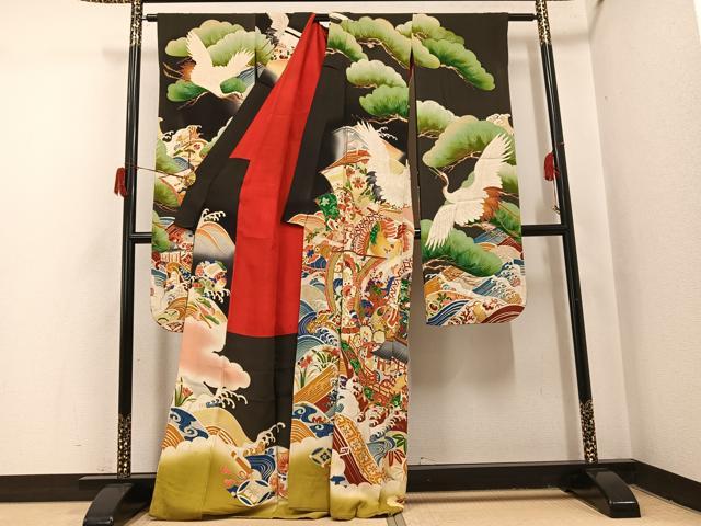 平和屋本店●アンティーク 大正ロマン 振袖 駒刺繍 立波風景花宝尽くし 黒地 正絹 逸品 AABI0468ph