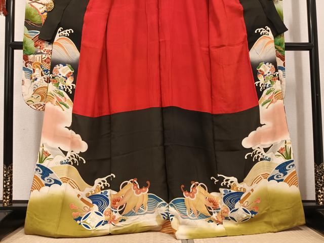 平和屋本店●アンティーク 大正ロマン 振袖 駒刺繍 立波風景花宝尽くし 黒地 正絹 逸品 AABI0468ph