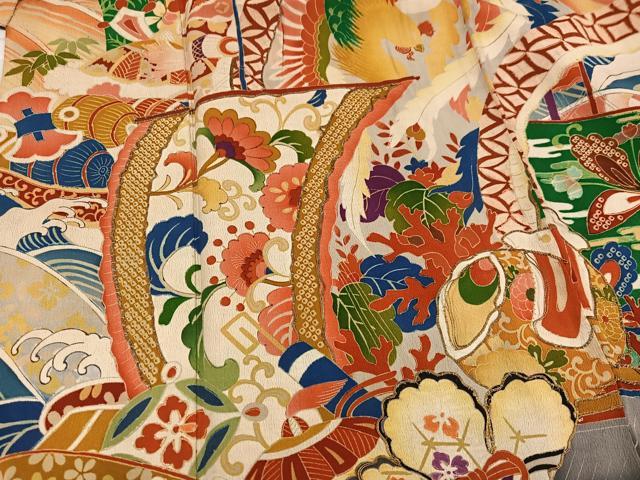平和屋本店●アンティーク 大正ロマン 振袖 駒刺繍 立波風景花宝尽くし 黒地 正絹 逸品 AABI0468ph