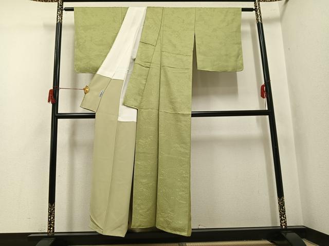平和屋着物●上質な色無地 風景地紋 京名所三十六景 抹茶色 反端付き 正絹 逸品 AABI0471ph