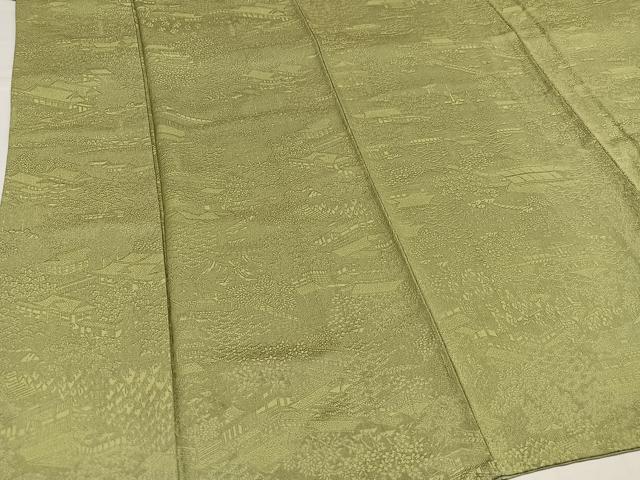 平和屋着物●上質な色無地 風景地紋 京名所三十六景 抹茶色 反端付き 正絹 逸品 AABI0471ph