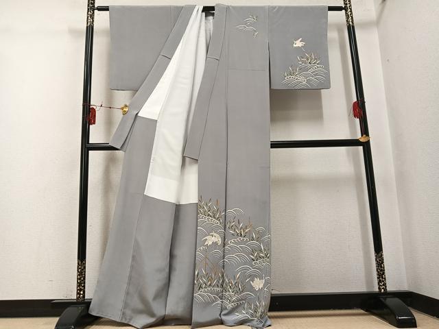 平和屋着物●訪問着 立波群れ鳥笹文 金彩 正絹 逸品 AABI0554ph