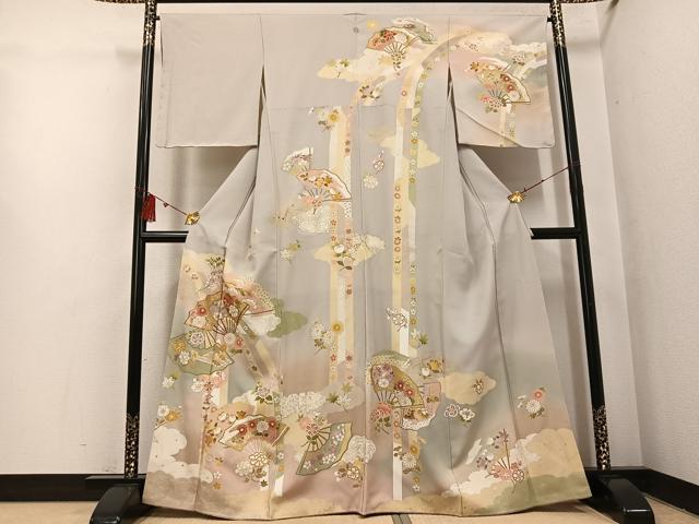 平和屋着物●訪問着 友禅 駒刺繍 扇面花文 暈し染め 金彩 正絹 逸品 未使用 AABI0567ph