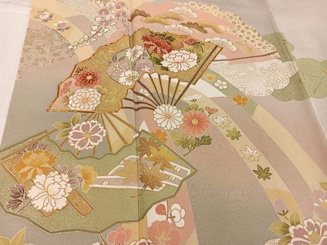 平和屋着物●訪問着 友禅 駒刺繍 扇面花文 暈し染め 金彩 正絹 逸品 未使用 AABI0567ph