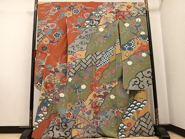 平和屋着物●豪華振袖 紅型 花鳥文 正絹 逸品 AABI0591ph