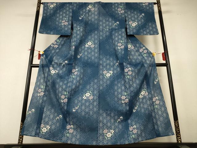 平和屋着物*夏物 小紋 絽 麻の葉花文 洗える着物 AABI0617jd