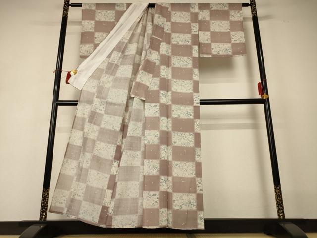 平和屋着物*夏物 小紋 紗 市松草花文 洗える着物 AABI0618jd