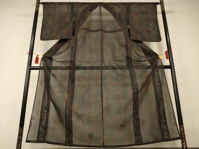 平和屋着物*夏物 小紋 紗 舞葉文 洗える着物 AABI0641jd