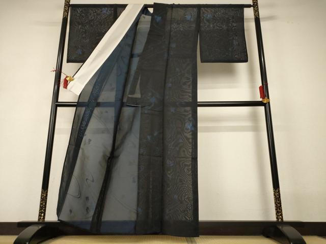 平和屋着物*夏物 小紋 紗 流水草花文 黒地 正絹 逸品 AABI0649jd