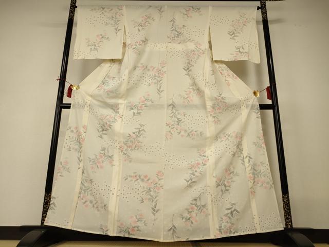 平和屋着物*夏物 小紋 絽 草花文 銀彩 正絹 逸品 AABI0654jd