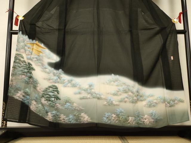 平和屋着物*夏物 黒留袖 絽 作家物 風景文 暈し染め 金彩 正絹 逸品 AABI0656jd