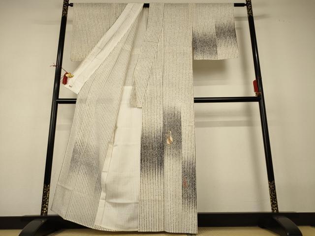 平和屋着物*夏物 訪問着 絽 変わり縞 鶴 金彩 三越扱い 正絹 逸品 AABI0694jd