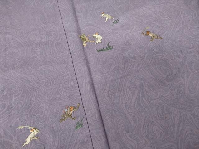 平和屋着物●訪問着 紬地 刺繍 墨流し文様 鳥獣戯画 正絹 逸品 AABI0765ck