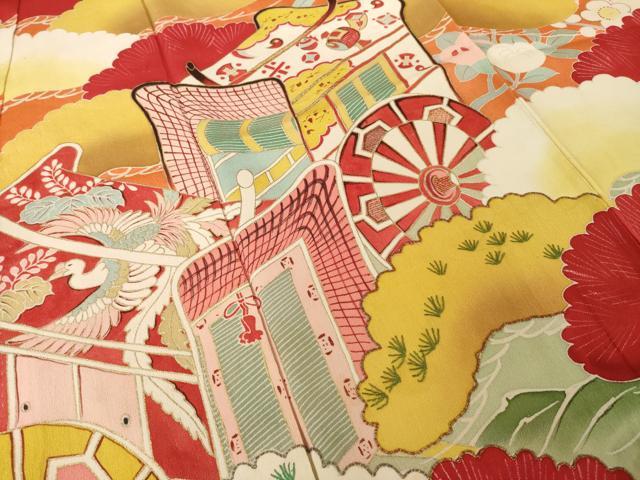 平和屋本店●アンティーク 大正ロマン 振袖 駒刺繍 御所車松文 金彩 正絹 逸品 AABI0782ck