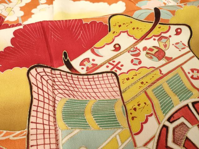 平和屋本店●アンティーク 大正ロマン 振袖 駒刺繍 御所車松文 金彩 正絹 逸品 AABI0782ck