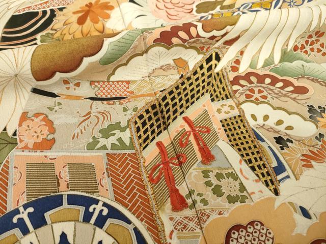 平和屋本店●アンティーク 大正ロマン 振袖 駒刺繍 中国三大刺繍 相良刺繍 御所車飛鶴花文 黒地 金彩 正絹 逸品 AABI0784ck