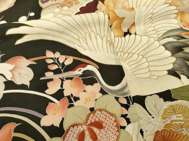 平和屋本店●アンティーク 大正ロマン 振袖 駒刺繍 中国三大刺繍 相良刺繍 御所車飛鶴花文 黒地 金彩 正絹 逸品 AABI0784ck