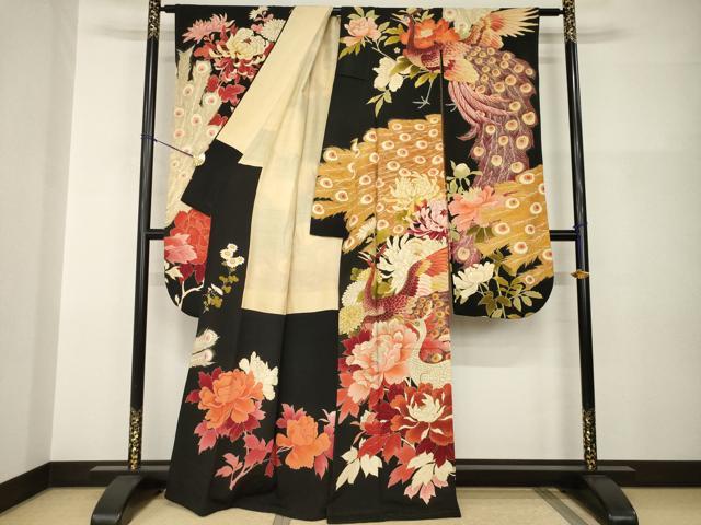 平和屋本店●アンティーク 大正ロマン 振袖 駒刺繍 孔雀花文 黒地 金彩 正絹 逸品 AABI0785ck