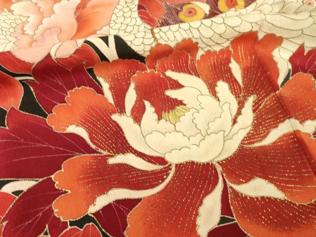 平和屋本店●アンティーク 大正ロマン 振袖 駒刺繍 孔雀花文 黒地 金彩 正絹 逸品 AABI0785ck