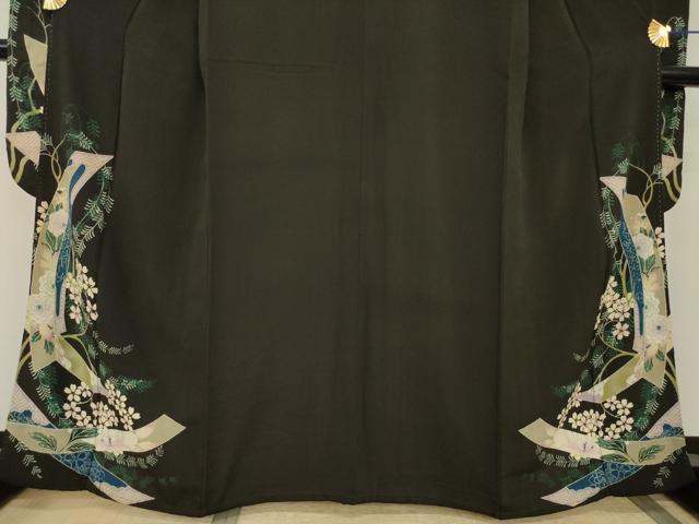 平和屋本店●アンティーク 大正ロマン 振袖 短冊花文 黒地 正絹 逸品 AABI0786ck