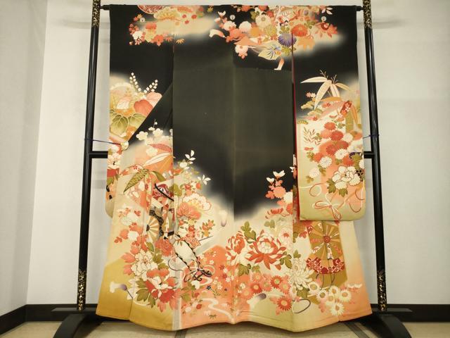 平和屋本店●アンティーク 大正ロマン 振袖 駒刺繍 御所車花文 金彩 正絹 逸品 AABI0787ck