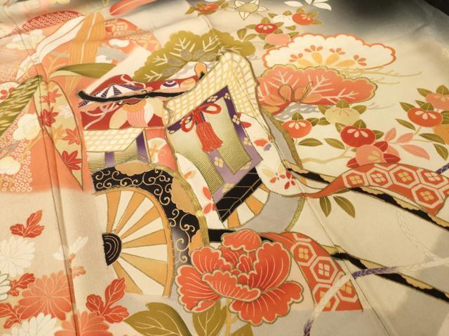 平和屋本店●アンティーク 大正ロマン 振袖 駒刺繍 御所車花文 金彩 正絹 逸品 AABI0787ck