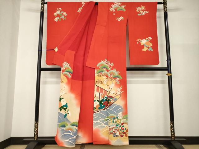 平和屋本店●アンティーク 大正ロマン 小振袖 二尺袖 駒刺繍 帆掛け船 吉祥花文 暈し染め 金彩 正絹 逸品 AABI0788ck