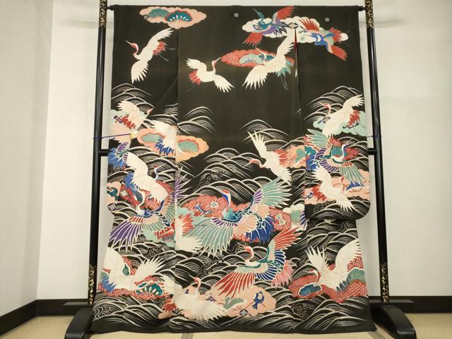 平和屋本店●アンティーク 大正ロマン 振袖 中国三大刺繍 相良刺繍 立波飛鶴宝尽くし 黒地 金銀彩 ロング丈 正絹 逸品 AABI0789ck